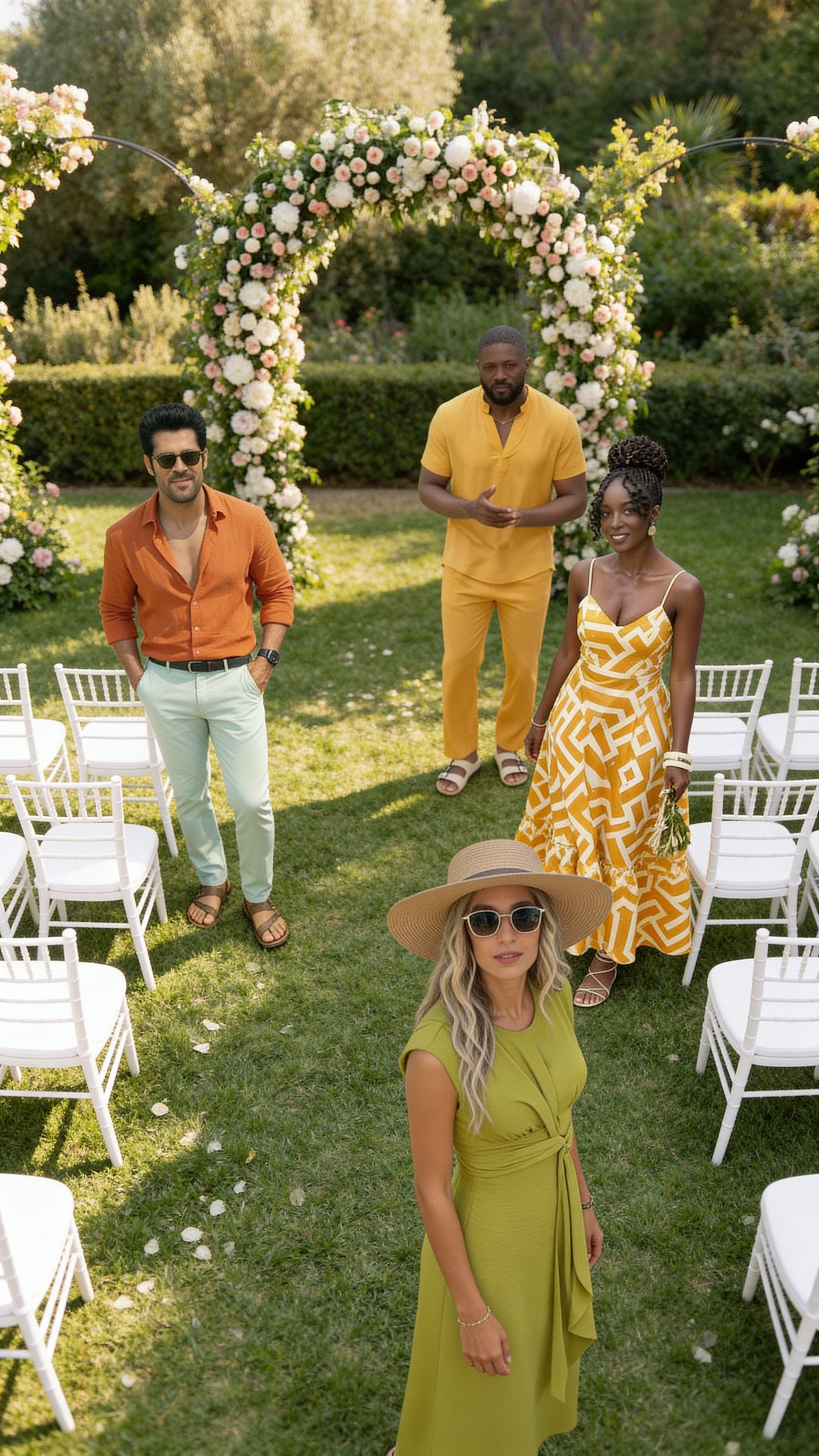 Guests in orange, yellow, and green summer outfits at an outdoor ceremony